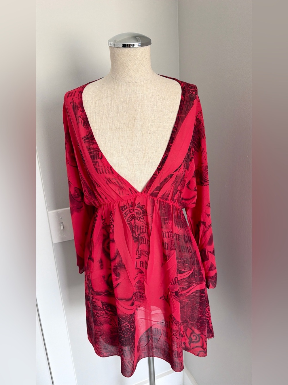 2000s Daniel Benjamin Women’s Red/Black Chiffon Sheer V-Neck Mini Dress Tunic L